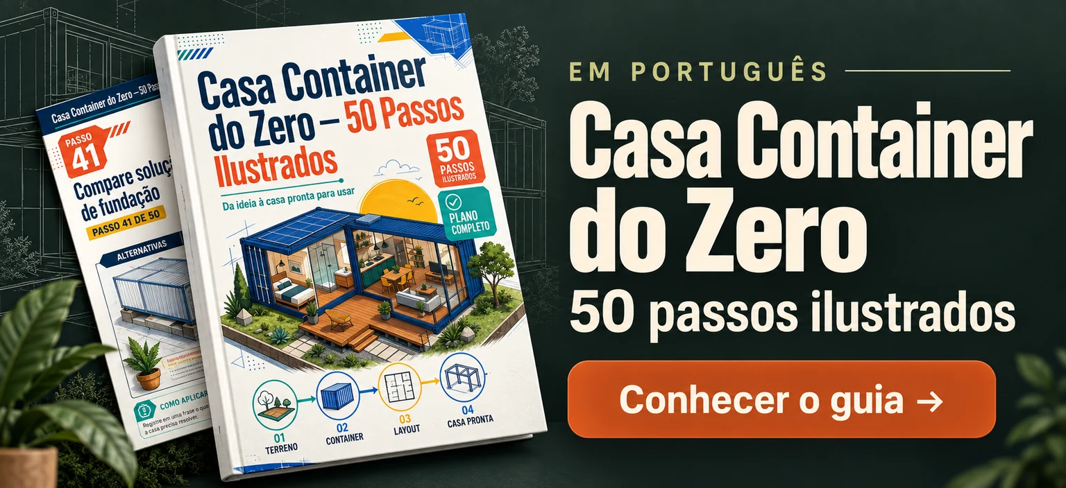 Casa Container do Zero. 50 passos ilustrados. Em português. Conhecer o guia.